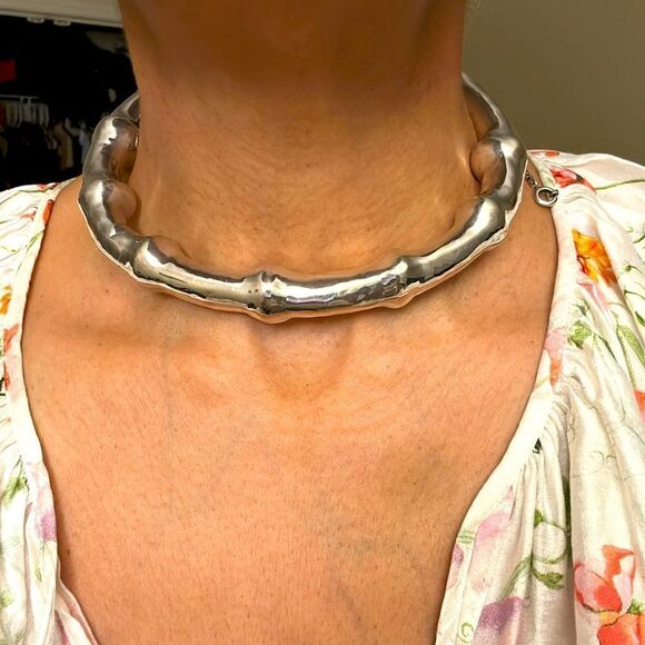 VINTAGE STERLING SILVER PLATED BAMBOO COLAR NECKLACE 80’s  61.8g - Picture 3 of 9